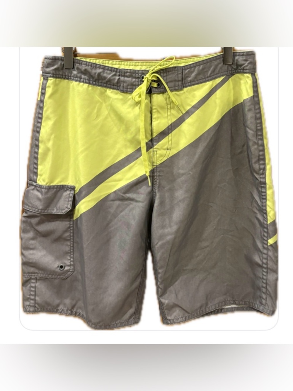 Retreat Authentic Brand  Gray and Lime Swim Board Shorts with Diagonal Accent 32
